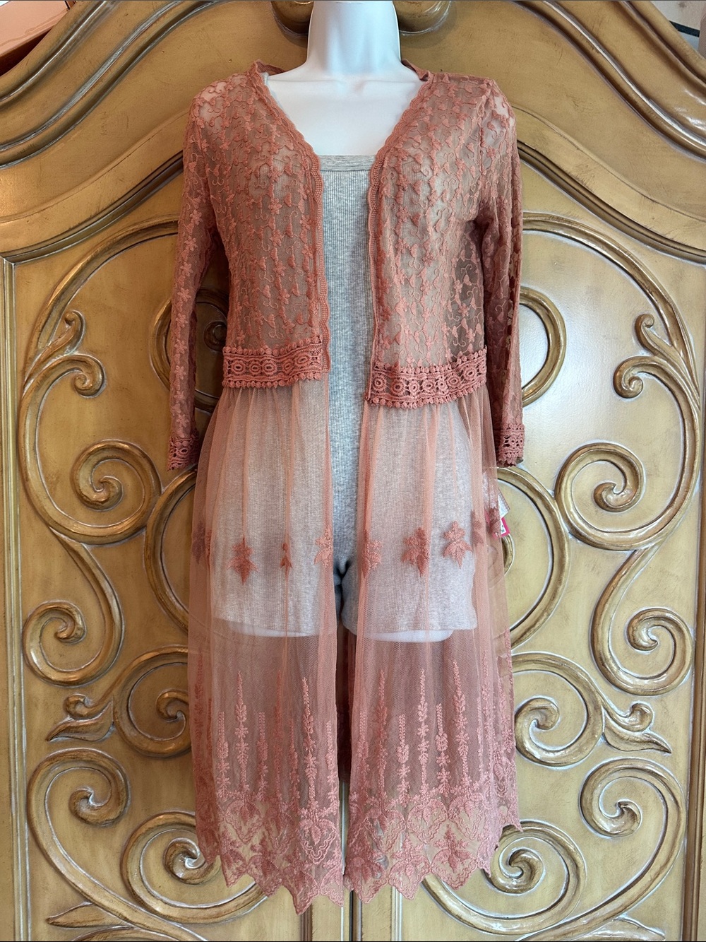 Lace & Tulle Open Front Duster in Dusty Rose